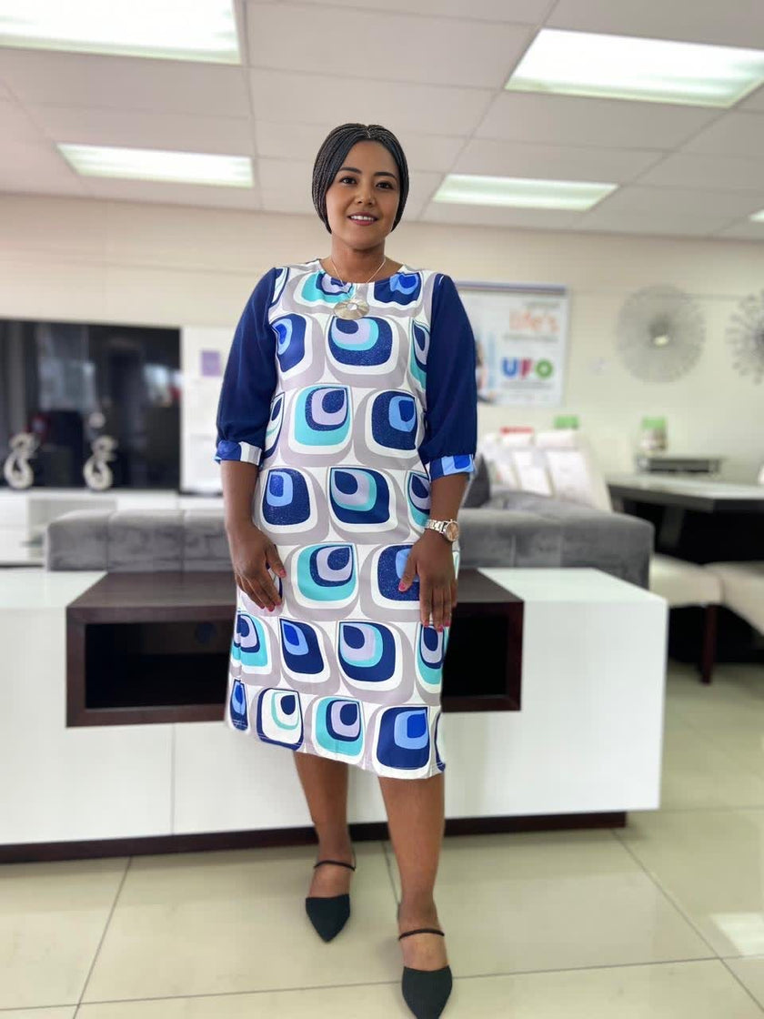 Geometric Pattern Three-Quarter Sleeve Dress, Knee-Length