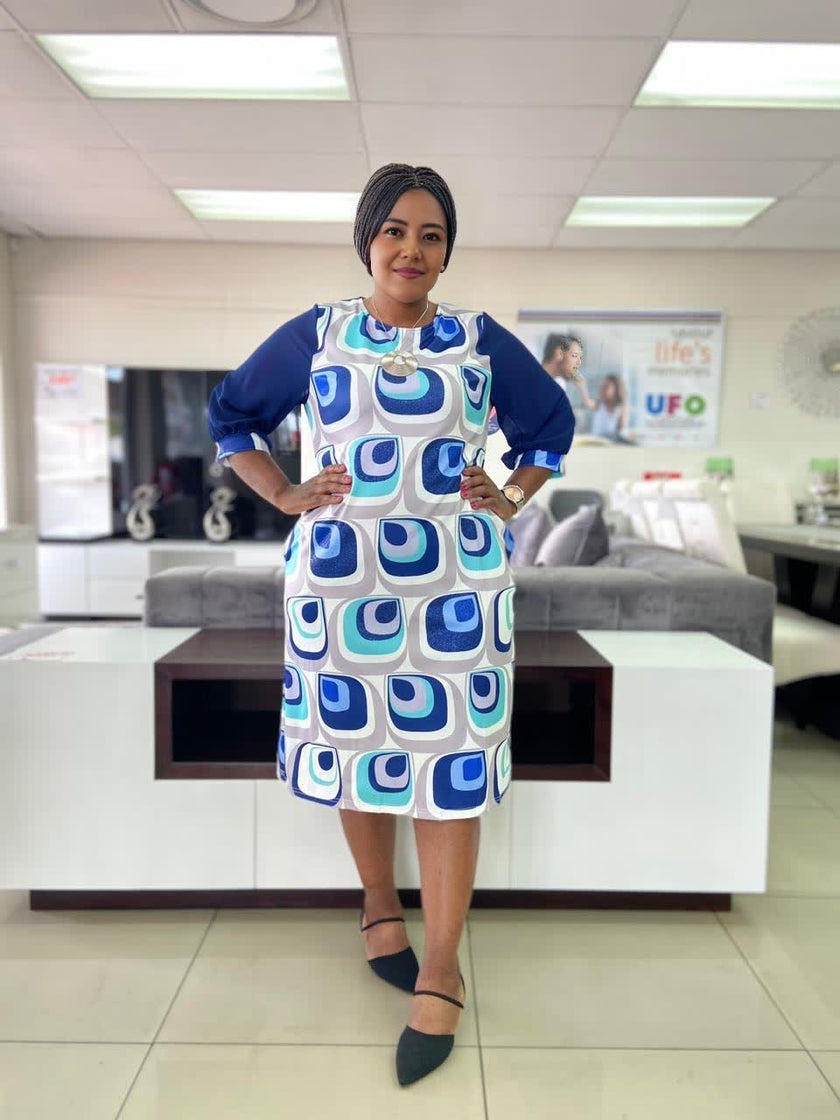 Geometric Pattern Three-Quarter Sleeve Dress, Knee-Length