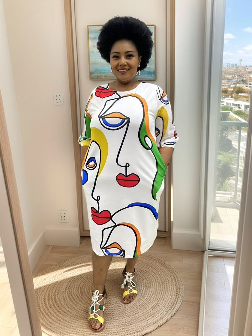 Women's Abstract Art Pattern Dress Featuring Red Lips and Line Design for Creativity and Elegance