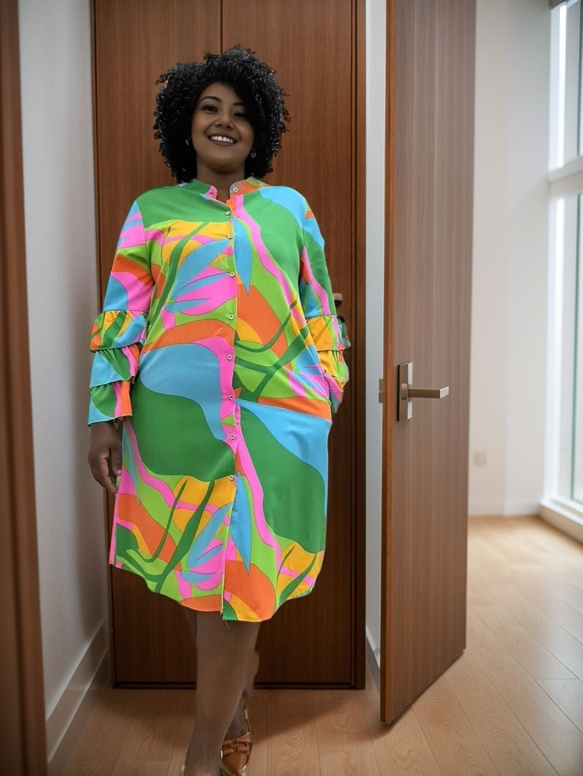 Ruffle Sleeve Dress with Abstract Geometric Print