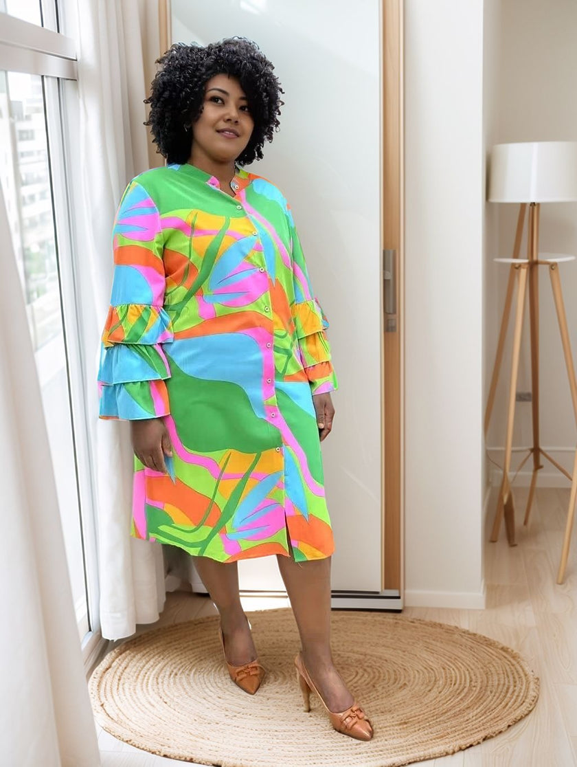 Ruffle Sleeve Dress with Abstract Geometric Print