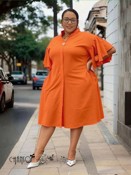 Plus size ruffle sleeve dress, orange-red, button-front midi with wide sleeves