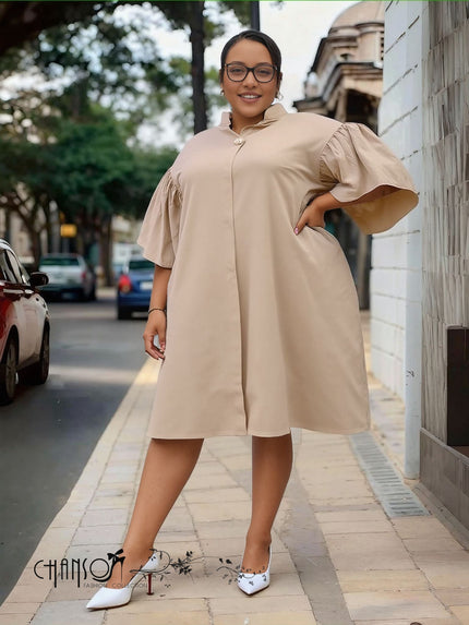 Plus size ruffle sleeve dress, tan, button-front midi with flared sleeves