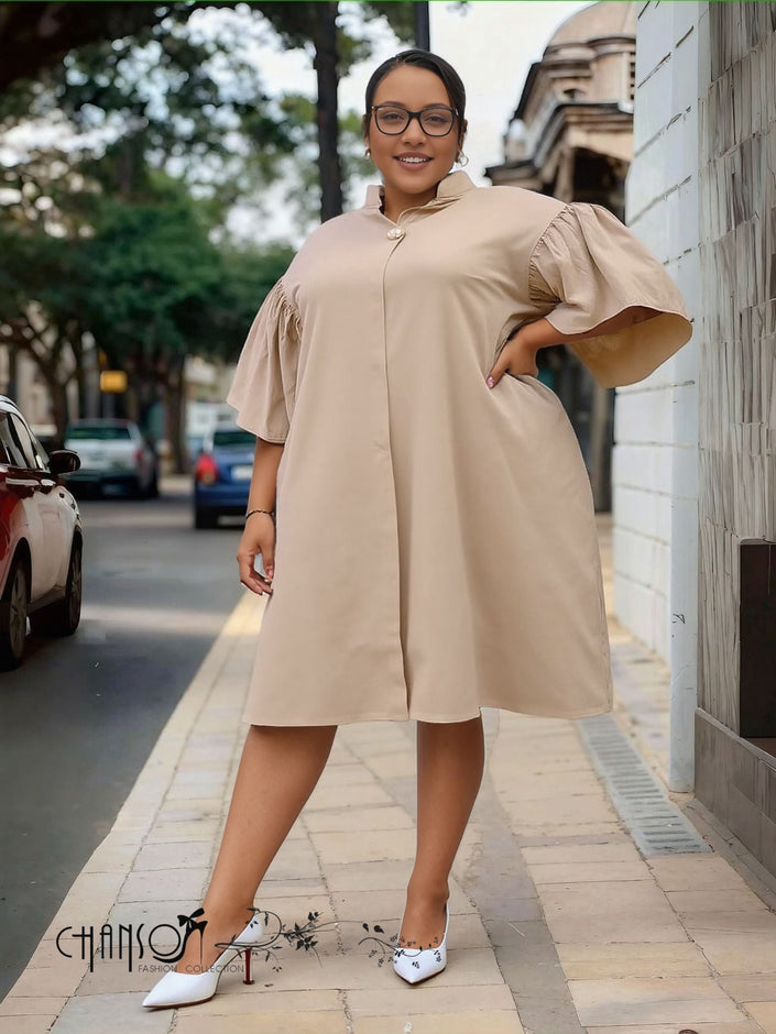Plus size ruffle sleeve dress, tan, button-front midi with flared sleeves
