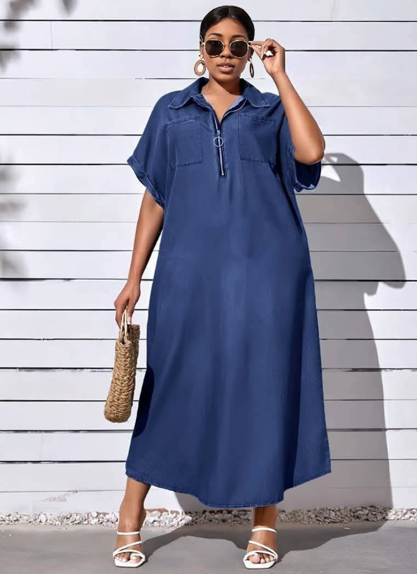 Dark-blue plus size shirt dress with half-zip, short sleeves, and chest pockets