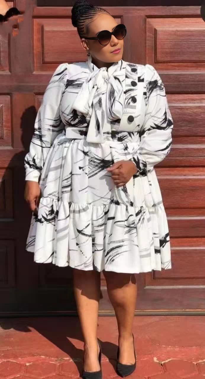 Long-Sleeve Tie-Neck Ruffled Waist Dress