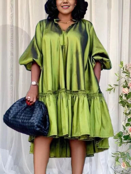 Plus size ruffle hem party dress, lime green, short puff sleeves, gathered waist