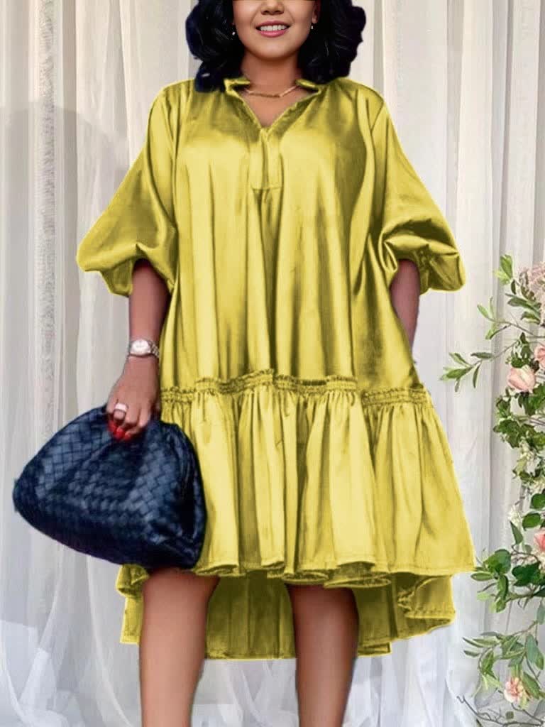 Tiered Ruffle Hem Short Sleeve  Loose Knee-Length Dress