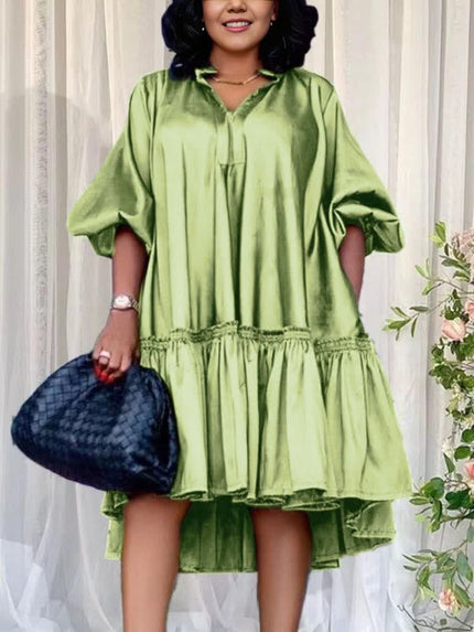 Plus size ruffle hem party dress, green, V-neck, short puff sleeves, tiered ruffle hem
