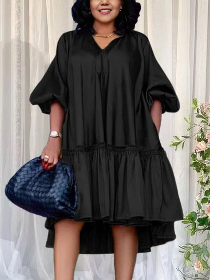 Plus size ruffle hem party dress, black, V-neck, short puff sleeves, tiered ruffle hem