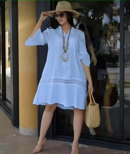 Plus size casual lace-hem dress, three-quarter sleeves, white
