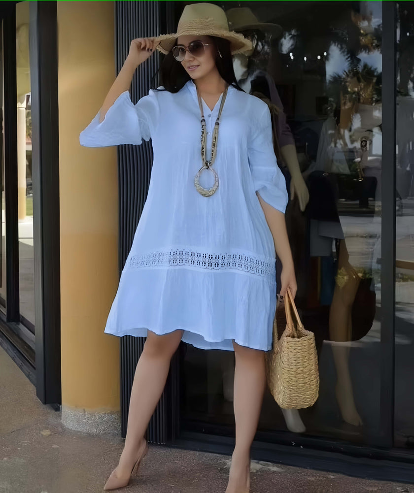 Casual Knee-Length Dress with Lace Hem and Cuff Detailing