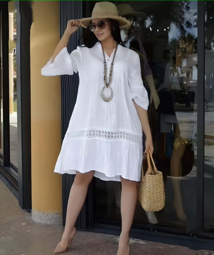 Plus size casual lace-hem dress, three-quarter sleeves, white