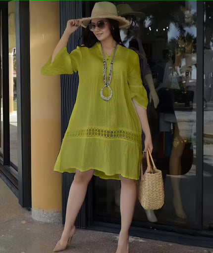 Plus size casual lace-hem dress, three-quarter sleeves, green-yellow