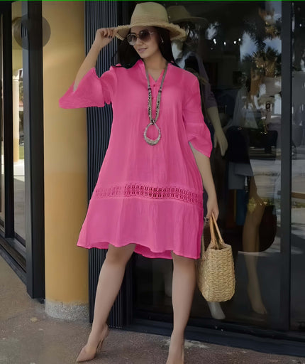 Plus size casual lace-hem dress, three-quarter sleeves, pink