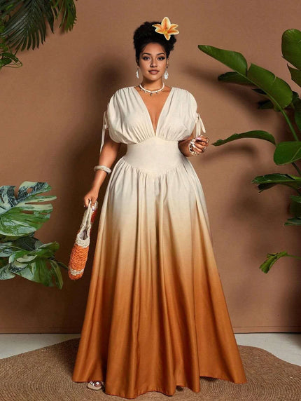 Brown gradient maxi dress, deep V-neck bodice with tie sleeves and pleated skirt