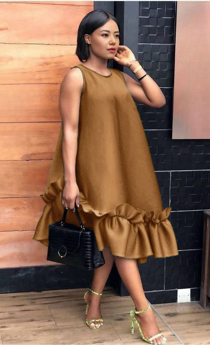 Peru-brown A-line ruffle hem sleeveless dress with round neck
