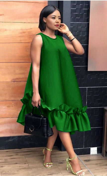 Forest-green A-line ruffle hem sleeveless dress with round neck