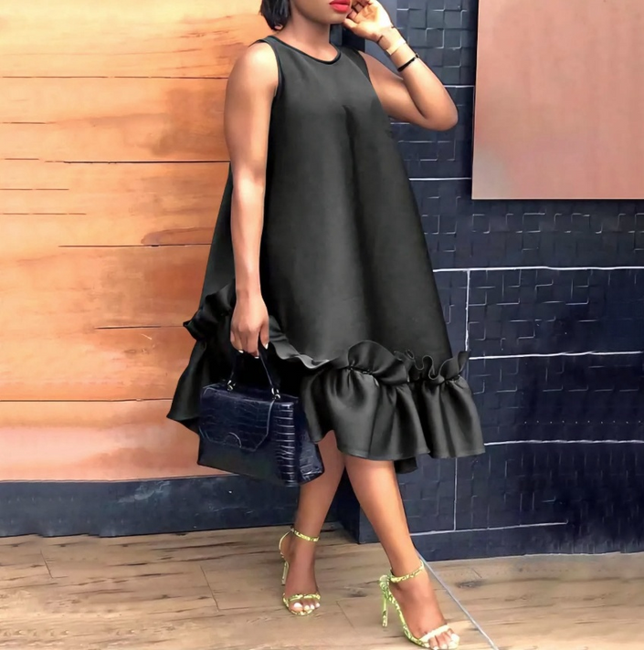 Black A-line ruffle hem sleeveless dress with round neck and flared hem
