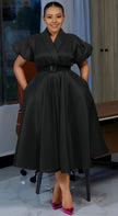 Dress Puff Sleeve V-Neck Mid-Length Belted Chic