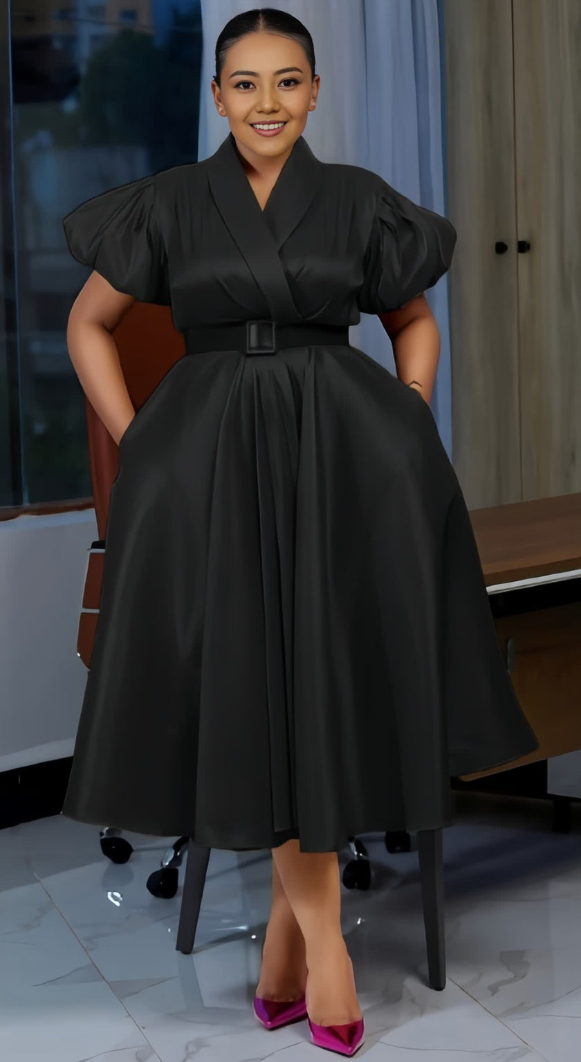Dress Puff Sleeve V-Neck Mid-Length Belted Chic