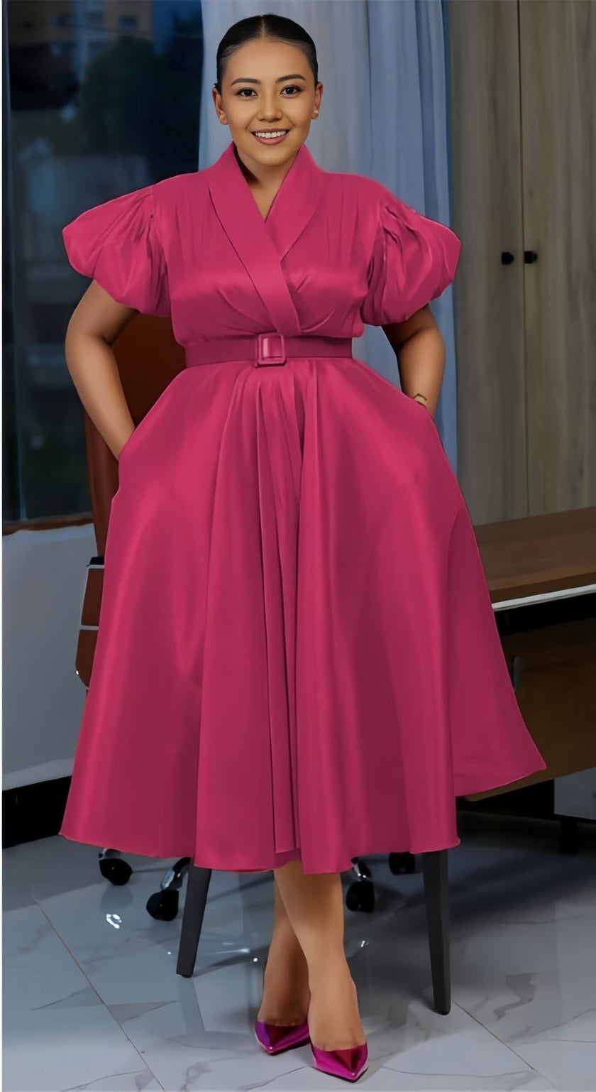 Puff Sleeve V-Neck Mid-Length Dress with Belted Waist