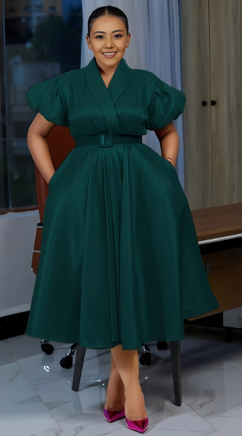 Deep green puff-sleeve belted midi dress with V-neck wrap