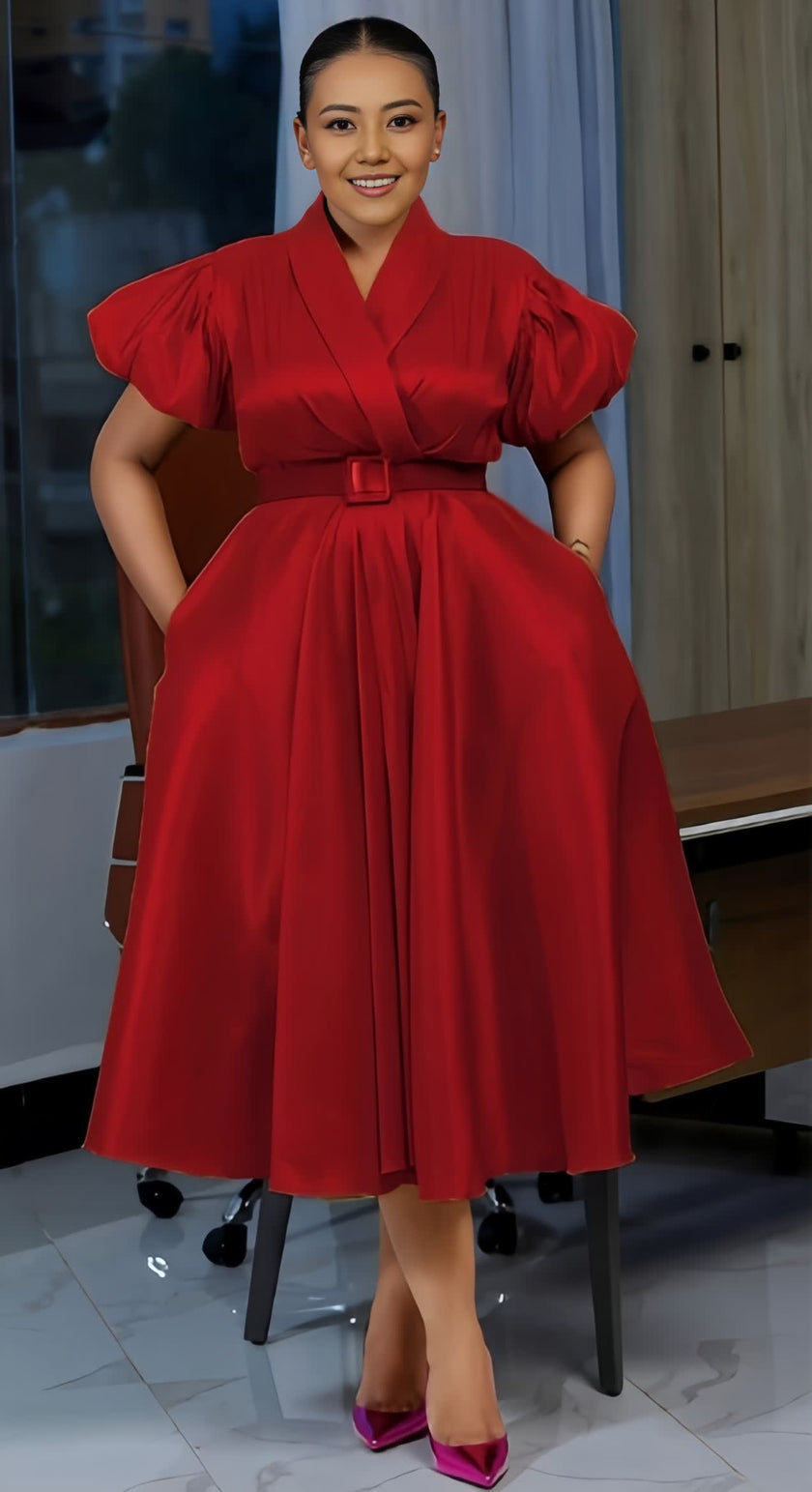 Puff Sleeve V-Neck Mid-Length Dress with Belted Waist