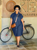 Dark blue denim midi dress, loose fit, front button placket, front pocket