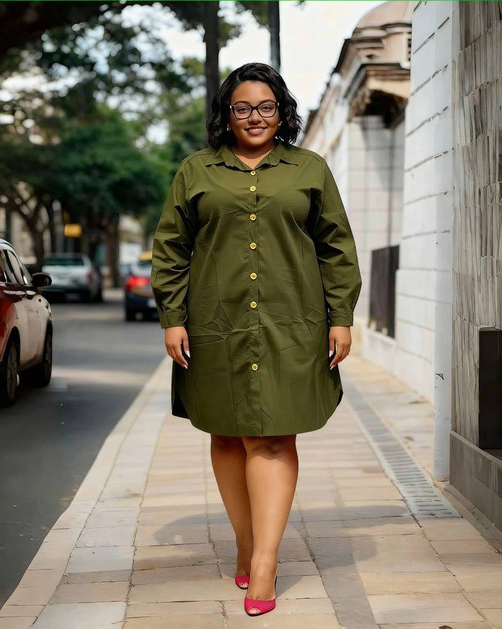 Green plus-size button-down dress, long sleeves, front buttons