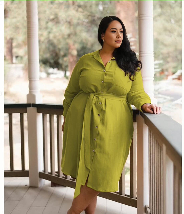Green belted shirt dress, long-sleeve midi with button front and collar