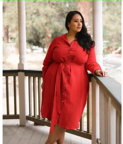 Red belted shirt dress, long-sleeve midi with button front and collar