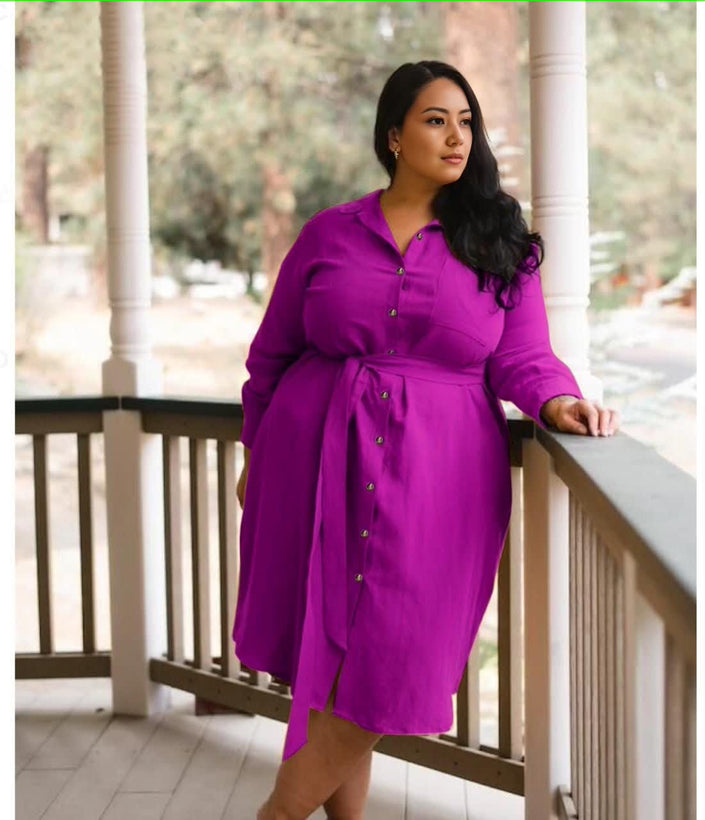 Purple belted shirt dress, long-sleeve midi with button front and collar