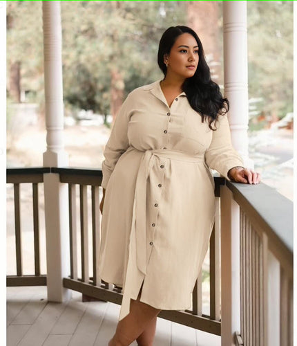 Beige belted shirt dress, long-sleeve midi with button front and collar