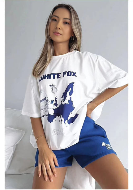 Loose fit graphic tee and blue shorts set, white tee with blue fox text print