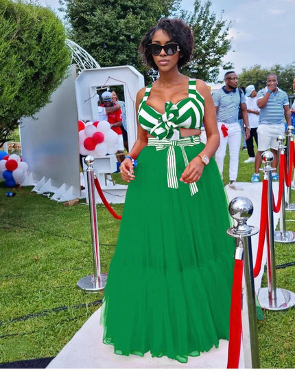 Lime-green maxi skirt outfit with white striped bow V-neck top and full-length skirt