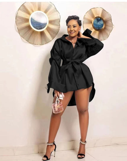 Black satin puff-sleeve shirt with tie waist, button front and collared neckline