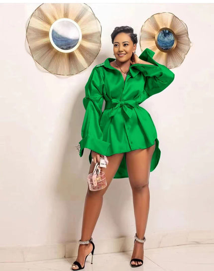 Lime-green satin puff-sleeve shirt with tie waist and button-up collared front