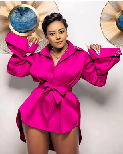 Deep-pink satin puff-sleeve shirt with tie waist and button-up collared front
