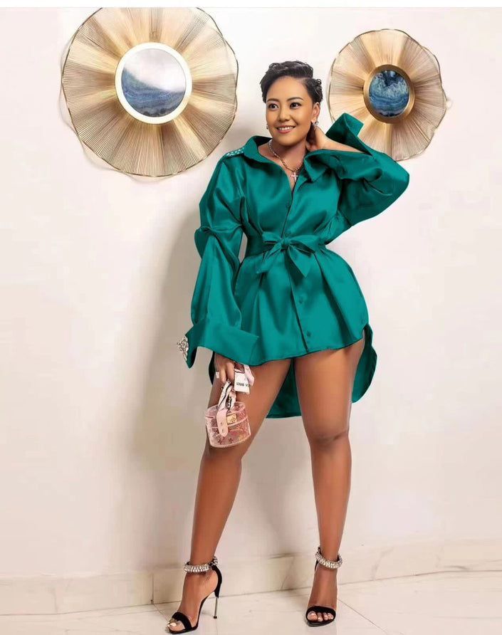 Dark-cyan satin puff-sleeve shirt with tie waist and button-up collared front