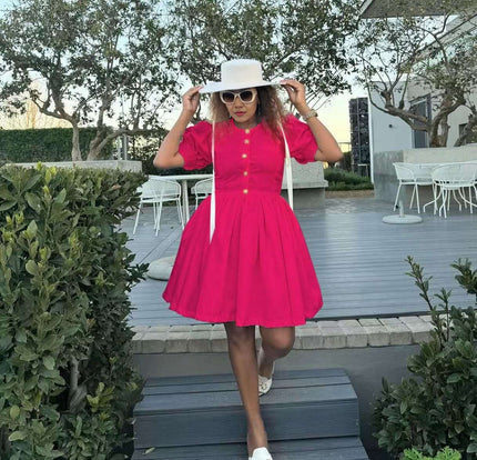 Red puff sleeve princess dress, button front and gathered flared skirt