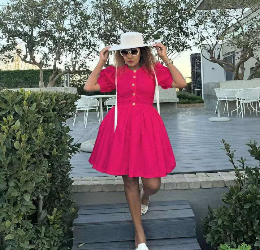 Red puff sleeve princess dress, button front and gathered flared skirt