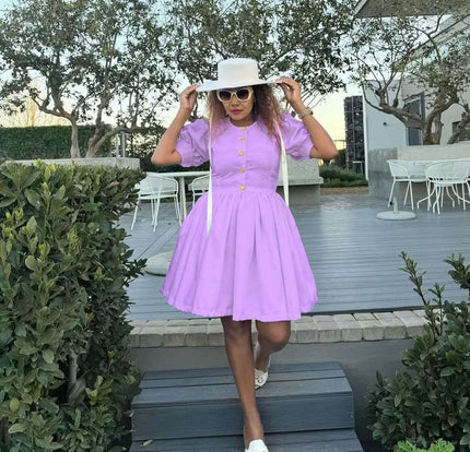 Light-purple puff sleeve princess dress, button front and gathered flared skirt