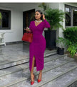 Magenta midi bodycon dress with V-neck long sleeves and front slit