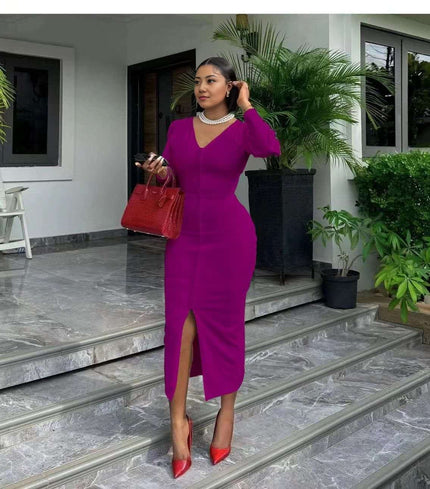 Magenta midi bodycon dress with V-neck long sleeves and front slit