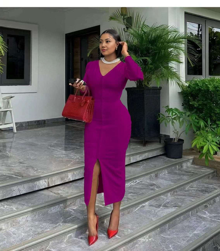 Magenta midi bodycon dress with V-neck long sleeves and front slit