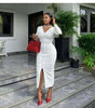 White midi bodycon dress with V-neck long sleeves and front slit