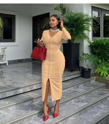 Tan midi bodycon dress with V-neck long sleeves and front slit