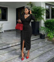Black midi bodycon dress with V-neck long sleeves and front slit