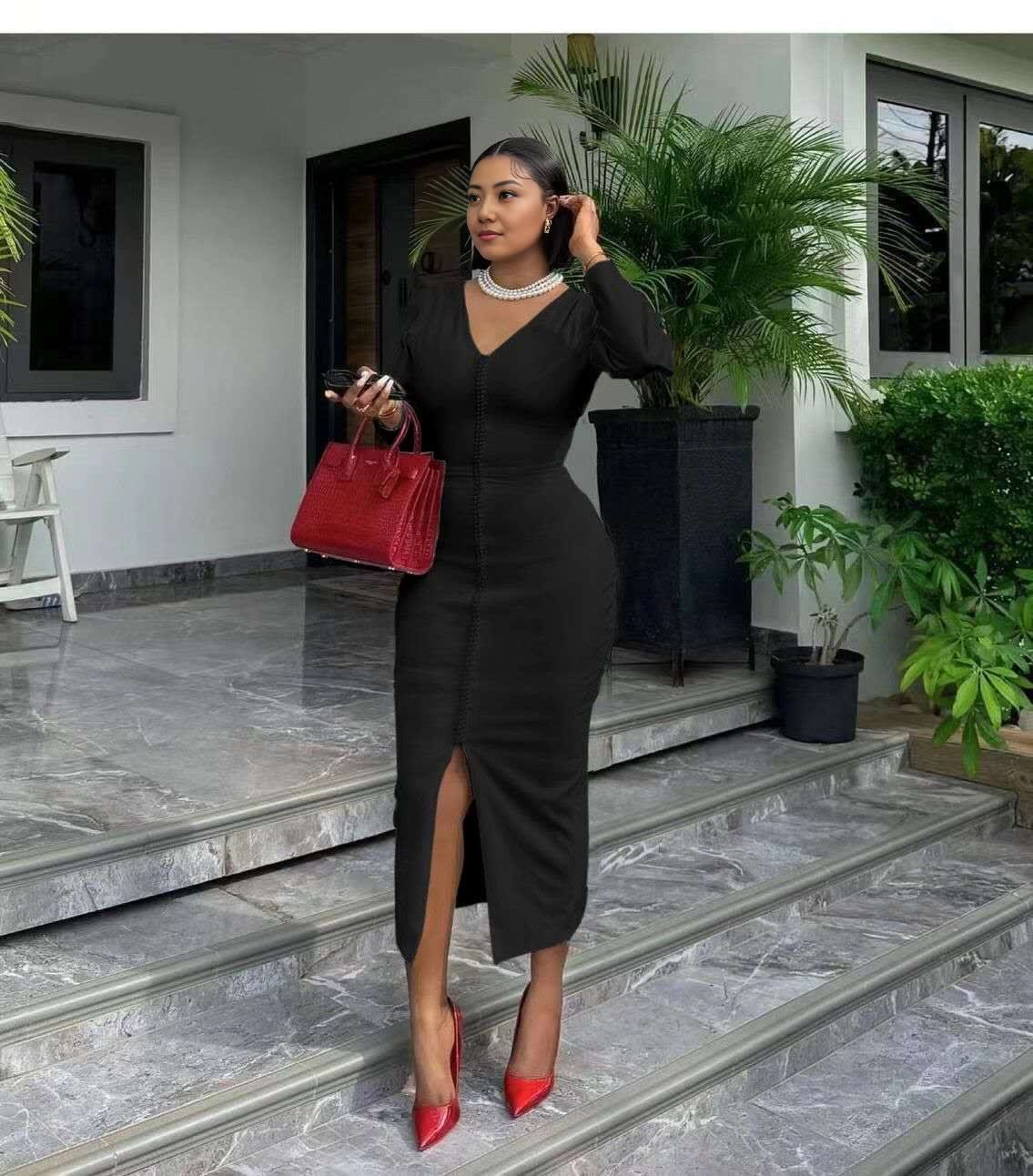 Black midi bodycon dress with V-neck long sleeves and front slit